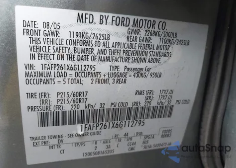 2006 Ford Five Hundred Se z USA, uszkodzony, nr VIN 1FAFP261X6G112795